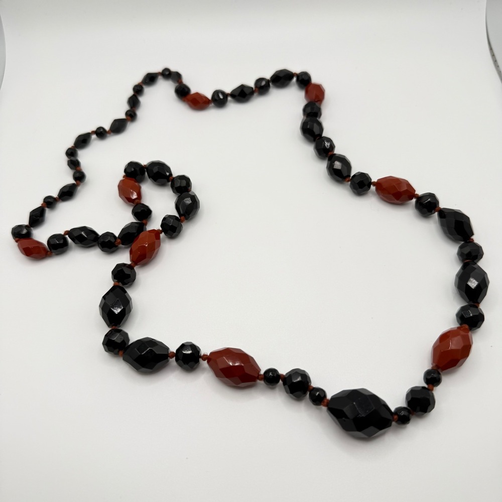 Vintage Hand Knotted Faceted Glass Bead Necklace Black Red Art Deco Style Long